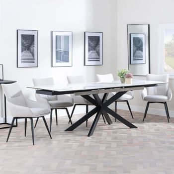 GET 2 CHAIRS FREE - Sutton White 6-8 Seater 140-200cm Dining Set with Ace Beige Swivel Chairs