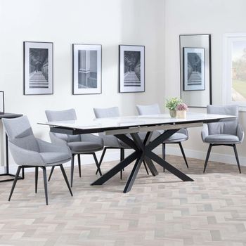 Sutton White Ceramic 6-8 Seater Swivel 140cm-200cm Extending Dining Set with Ace Grey Chairs