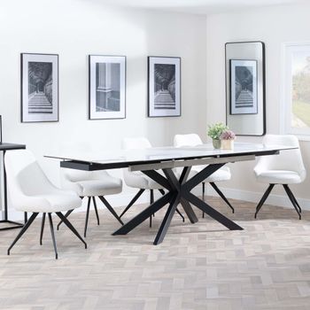 GET 2 CHAIRS FREE - Sutton White 6-8 Seater 140-200cm Dining Set with Arctic Cream Swivel Chairs