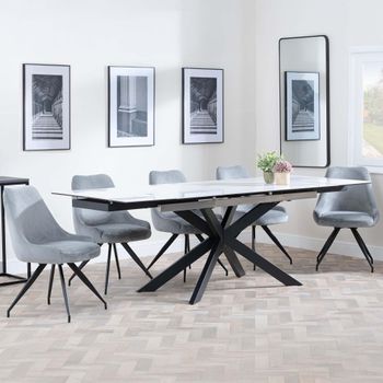 GET 2 CHAIRS FREE - Sutton White 6-8 Seater 140-200cm Dining Set with Arctic Grey Swivel Chairs
