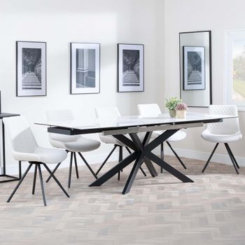 GET 2 CHAIRS FREE - Sutton White 6-8 Seater 140-200cm Dining Set with Boden Cream Swivel Chairs
