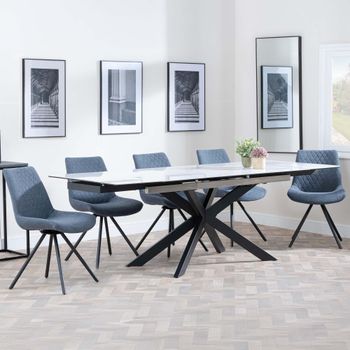GET 2 CHAIRS FREE - Sutton White 6-8 Seater 140-200cm Dining Set with Boden Dark Grey Swivel Chairs
