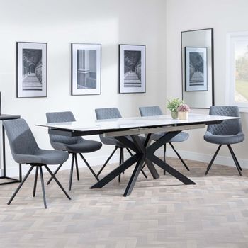 GET 2 CHAIRS FREE - Sutton White 6-8 Seater 140-200cm Dining Set with Boden Grey Swivel Chairs