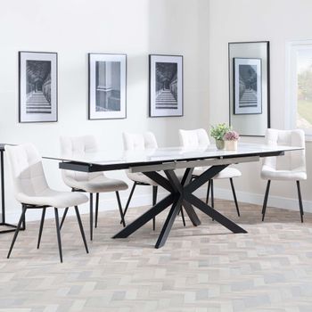 Sutton White Ceramic 6-8 Seater 140cm-200cm Extending Dining Set with Corona Beige Fabric Chairs