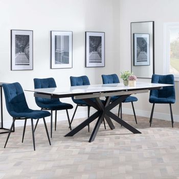 GET 2 CHAIRS FREE - Sutton White 6-8 Seater 140-200cm Dining Set with Corona Blue Chairs