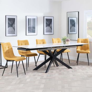 Sutton White Ceramic 6-8 Seater 140cm-200cm Extending Dining Set with Corona Yellow Fabric Chairs