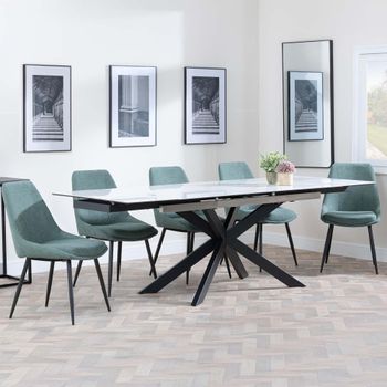 GET 2 CHAIRS FREE - Sutton White 6-8 Seater 140-200cm Dining Set with Darwin Green Chairs
