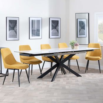 GET 2 CHAIRS FREE - Sutton White 6-8 Seater 140-200cm Dining Set with Darwin Yellow Chairs