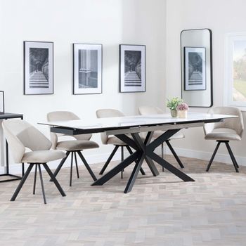 GET 2 CHAIRS FREE - Sutton White 6-8 Seater 140-200cm Dining Set with Ion Beige Swivel Chairs