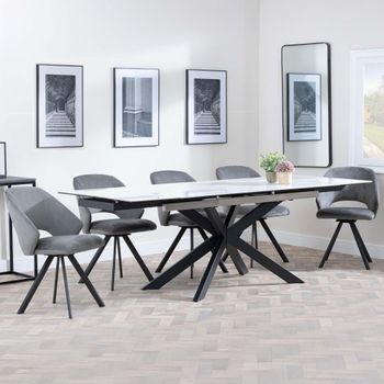GET 2 CHAIRS FREE - Sutton White 6-8 Seater 140-200cm Dining Set with Ion Dark Grey Swivel Chairs