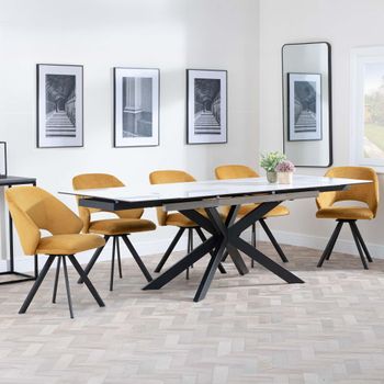 GET 2 CHAIRS FREE - Sutton White 6-8 Seater 140-200cm Dining Set with Ion Mustard Swivel Chairs