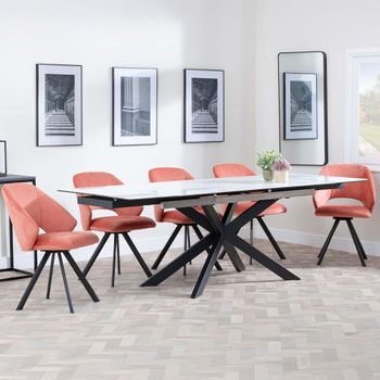 GET 2 CHAIRS FREE - Sutton White 6-8 Seater 140-200cm Dining Set with Ion Orange Swivel Chairs
