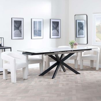 Sutton White Ceramic 6-8 Seater 140cm-200cm Extending Dining Set with Kiefer Cream Boucle Chairs