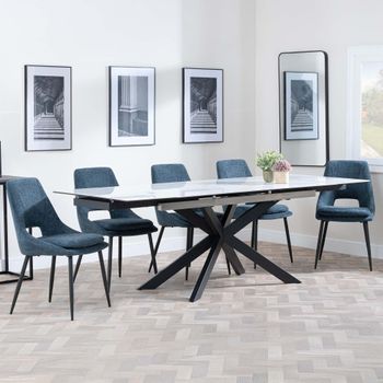 GET 2 CHAIRS FREE - Sutton White Ceramic 6-8 Seater 140-200cm Dining Set with Peyton Blue Chairs