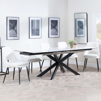 GET 2 CHAIRS FREE - Sutton White Ceramic 6-8 Seater 140-200cm Dining Set with Peyton Cream Chairs