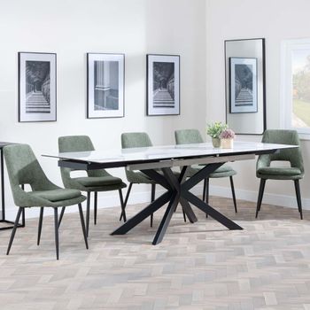 GET 2 CHAIRS FREE - Sutton White Ceramic 6-8 Seater 140-200cm Dining Set with Peyton Green Chairs