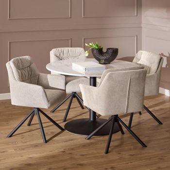 Tarifa White Marble 4 Seater 110cm Round Dining Set with Alonso Beige Fabric Dining Chair