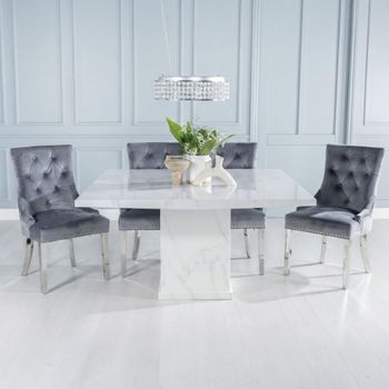 Turin White Marble 8 Seater 140cm Square Dining Set with Knocker Back Grey Chairs & Chrome Legs