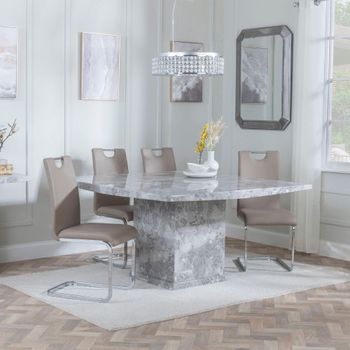 Clearance - Turin Grey Marble 8 Seater 140cm Square Dining Set with Bianco Beige Faux Leather Chairs