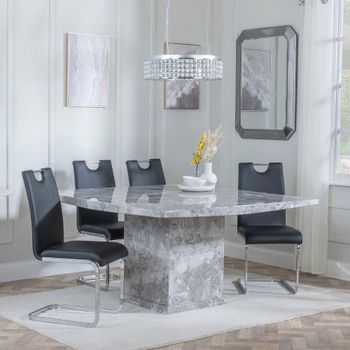 Clearance - Turin Grey Marble 8 Seater 140cm Square Dining Set with Bianco Black Faux Leather Chairs