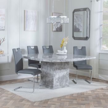 Clearance - Turin Grey Marble 8 Seater 140cm Square Dining Set with Bianco Grey Faux Leather Chairs
