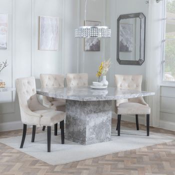 Clearance - Turin Grey Marble 8 Seater 140cm Dining Set with Knocker Champagne Chairs & Black Legs