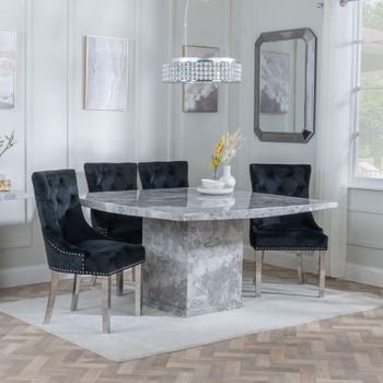 Clearance - Turin Grey Marble 8 Seater Dining Set with Lion Knocker Black Chairs & Chrome Legs