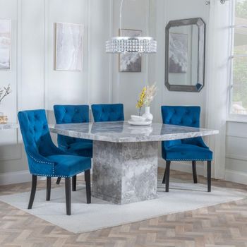 Clearance - Turin Grey Marble 8 Seater Dining Set with Lion Knocker Blue Chairs & Black Legs