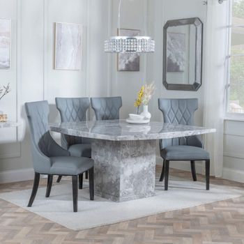 Clearance - Turin Grey Marble 8 Seater 140cm Square Dining Set with Mimi Grey Leather Dining Chairs