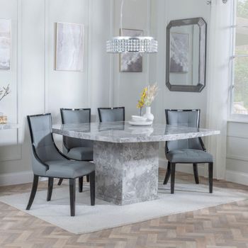Clearance - Turin Grey Marble 8 Seater 140cm Square Dining Set with Paris Grey Chairs & Black Legs
