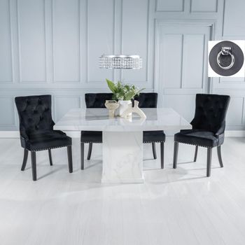 Turin White Marble 8 Seater 140cm Square Dining Set with Knocker Back Black Chairs & Black Legs