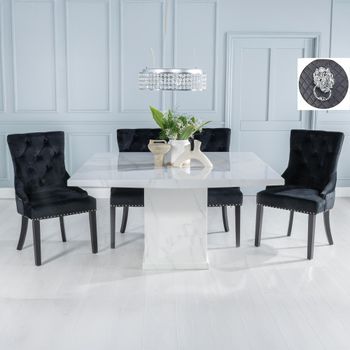 Turin White Marble 8 Seater 140cm Square Dining Set with Lion Ring Back Black Chairs & Black Legs