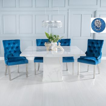 Turin White Marble 8 Seater 140cm Square Dining Set with Lion Ring Back Blue Chairs & Chrome Legs