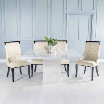 Turin White Marble 8 Seater 140cm Square Dining Set with Carmela Cream Faux Leather Chairs