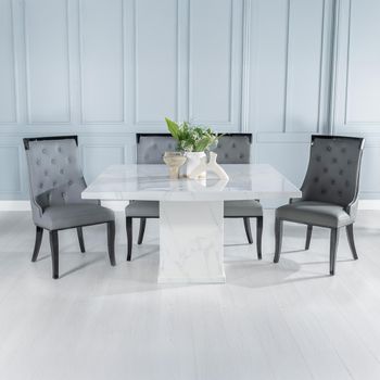 Turin White Marble 8 Seater 140cm Square Dining Set with Carmela Grey Faux Leather Chairs