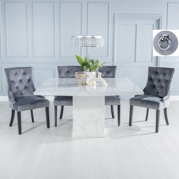 Turin White Marble 8 Seater 140cm Square Dining Set with Knocker Back Grey Chairs & Black Legs