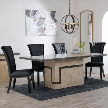 Venice Cream Marble 6 Seater 160cm Dining Set with Cadiz Black Leather Dining Chairs