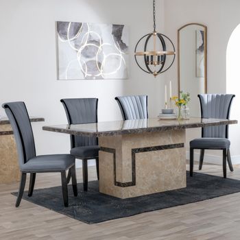 Venice Cream Marble 6 Seater 160cm Dining Set with Cadiz Grey Leather Dining Chairs