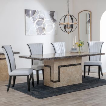 Venice Cream Marble 6 Seater 160cm Dining Set with Cadiz White Leather Dining Chairs