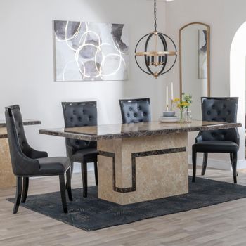 Venice Cream Marble 6 Seater 160cm Dining Set with Carmela Black Leather Dining Chairs