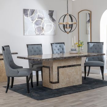 Venice Cream Marble 6 Seater 160cm Dining Set with Carmela Grey Leather Dining Chairs