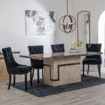 Venice Cream Marble 6 Seater 160cm Dining Set with Knocker Back Black Velvet Chairs & Black Legs