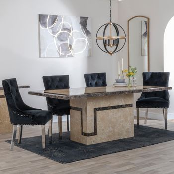 Venice Cream Marble 6 Seater 160cm Dining Set with Knocker Back Black Chairs & Chrome Legs