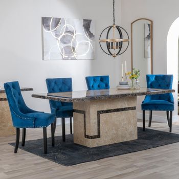 Venice Cream Marble 6 Seater 160cm Dining Set with Knocker Back Blue Velvet Chairs & Black Legs