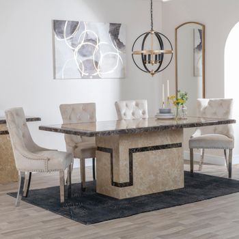 Venice Cream Marble 6 Seater 160cm Dining Set with Knocker Back Champagne Chairs & Chrome Legs