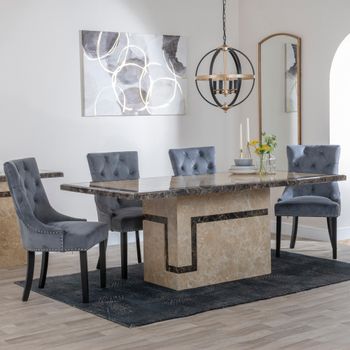 Venice Cream Marble 6 Seater 160cm Dining Set with Knocker Back Grey Velvet Chairs & Black Legs