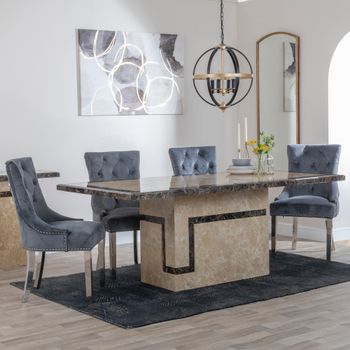 Venice Cream Marble 6 Seater 160cm Dining Set with Knocker Back Grey Chairs & Chrome Legs