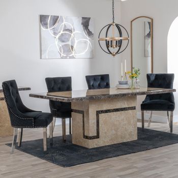 Venice Cream Marble 6 Seater 160cm Dining Set with Lion Knocker Back Black Chairs & Chrome Legs
