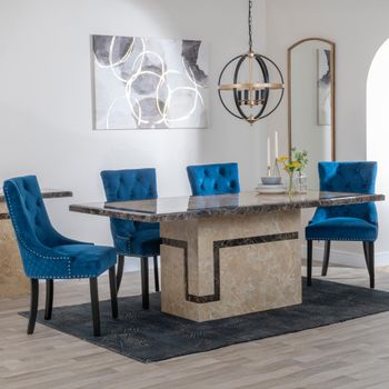 Venice Cream Marble 6 Seater 160cm Dining Set with Lion Knocker Back Blue Chairs & Black Legs