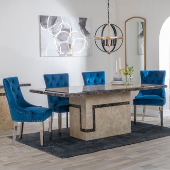 Venice Cream Marble 6 Seater 160cm Dining Set with Lion Knocker Back Blue Chairs & Chrome Legs